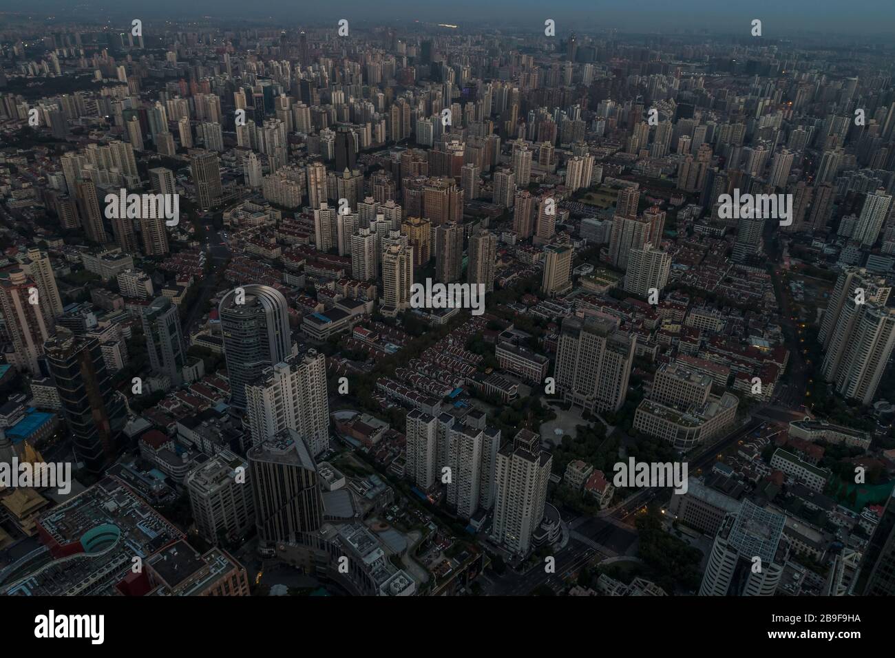 Aerial view of business area and cityscape in the dawn, West Nanjing Road, Jing` an district, Shanghai Stock Photo